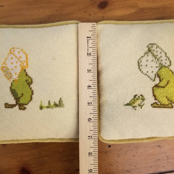 2 Small Pillows, Cross Stitch Frog, Cute Neutral Handmade Primitive Boho Prairie - Picture 5 of 8